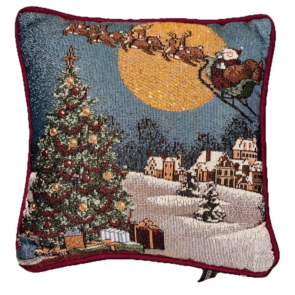 Portofino Tapestry Christmas Throw Pillow Santa Reindeer Gold Thread 12